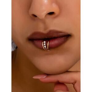 Gold Triple Band Rhinestone Fake Lip Ring – Adjustable Clip-On Piercing Jewelry